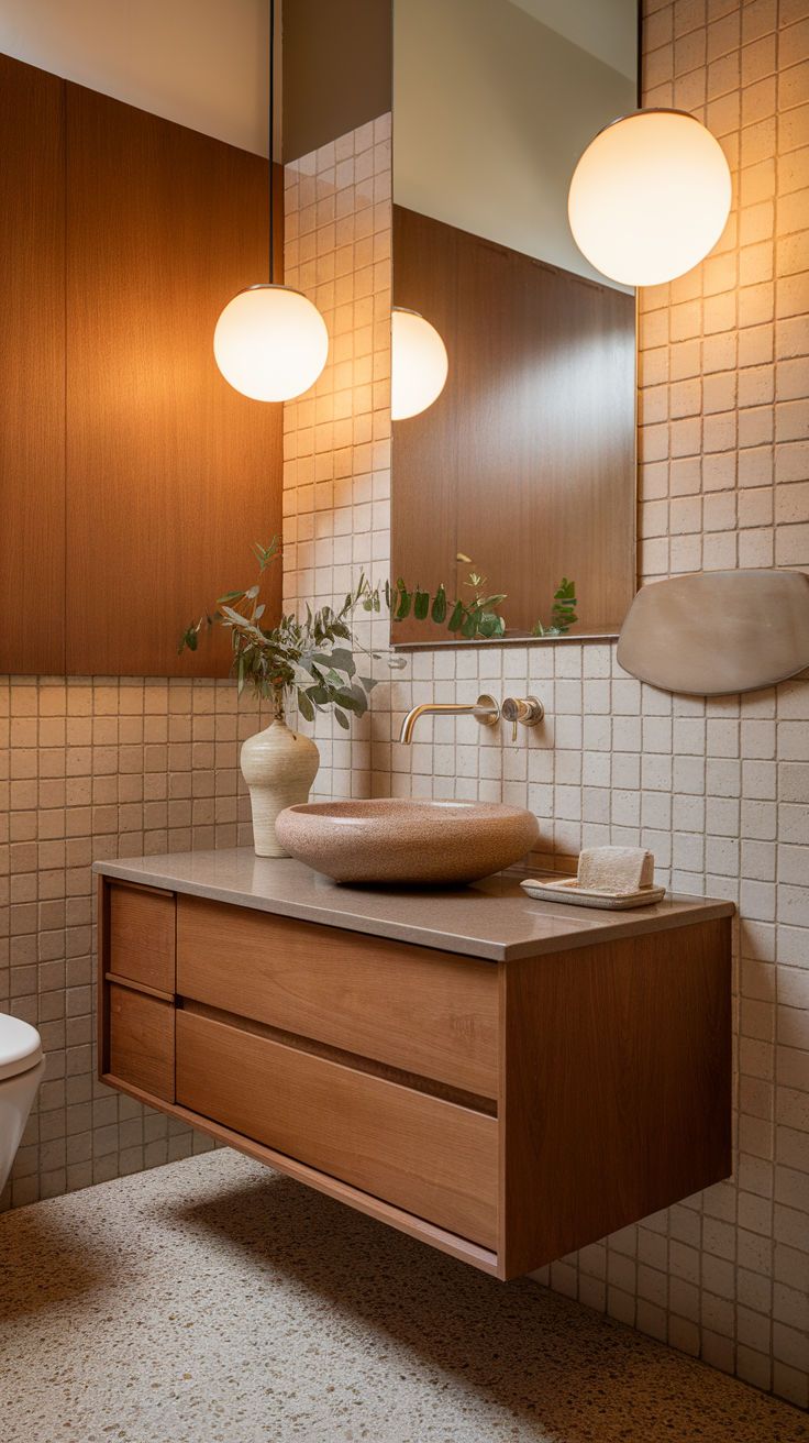 A calm, narrow apartment bathroom with white tile, a freestanding ladder shelf beside the toilet, and neatly arranged glass jars and folded towels