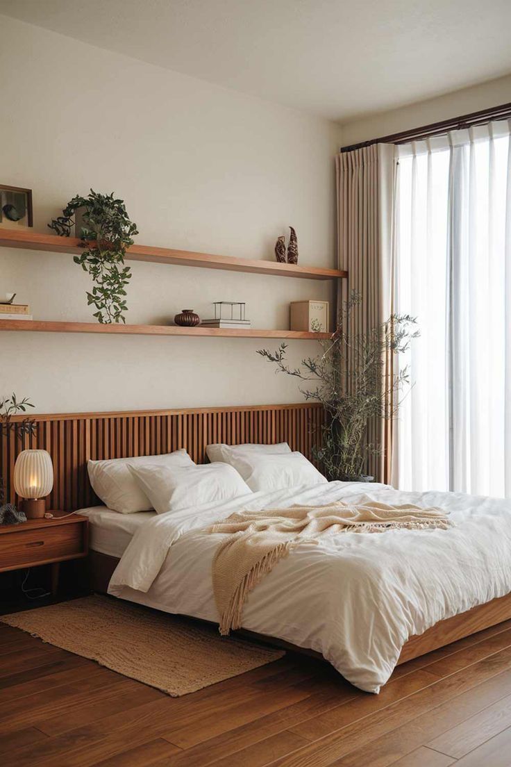 A neutral bedroom with warm tones, artwork above the bed, and soft natural light