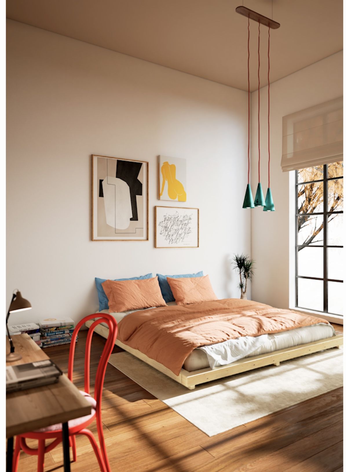 A sunlit studio apartment with a folding room divider separating a neatly made bed from a small living area, warm-toned textiles draped over a reading chair nearby