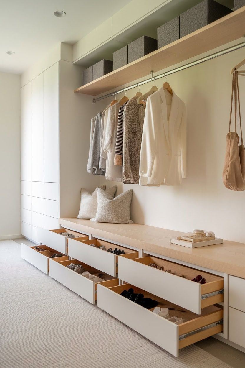 A narrow closet with a sheer linen curtain drawn partway open, revealing neatly stacked baskets and folded textiles on open shelves, soft morning light coming from the left