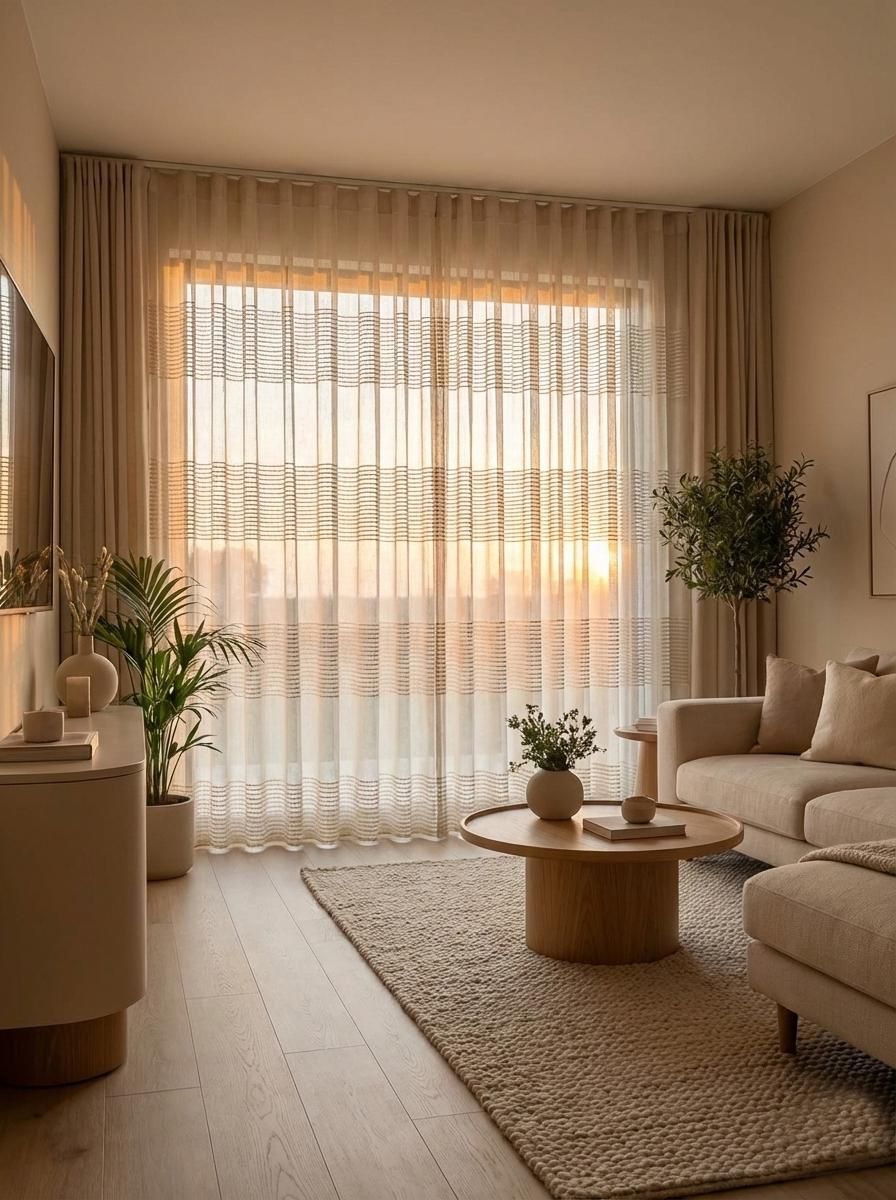 A warmly lit small bedroom with curtains and wall sconces