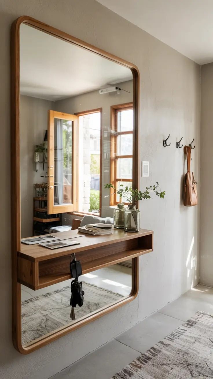 A narrow apartment entryway with warm afternoon light falling across a bamboo bench and a linen coat hung near the door