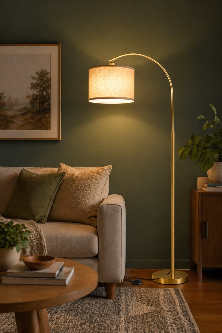 A softly lit rental living room at dusk, warm lamp light pooling near a linen sofa, sheer curtains diffusing the last of the evening light through a standard casement window
