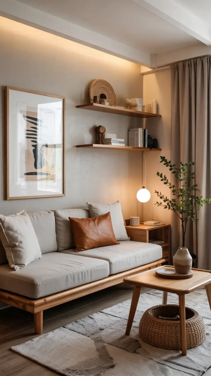 A compact living room with warm ambient lighting, a low sofa, and a washable area rug in soft beige tones