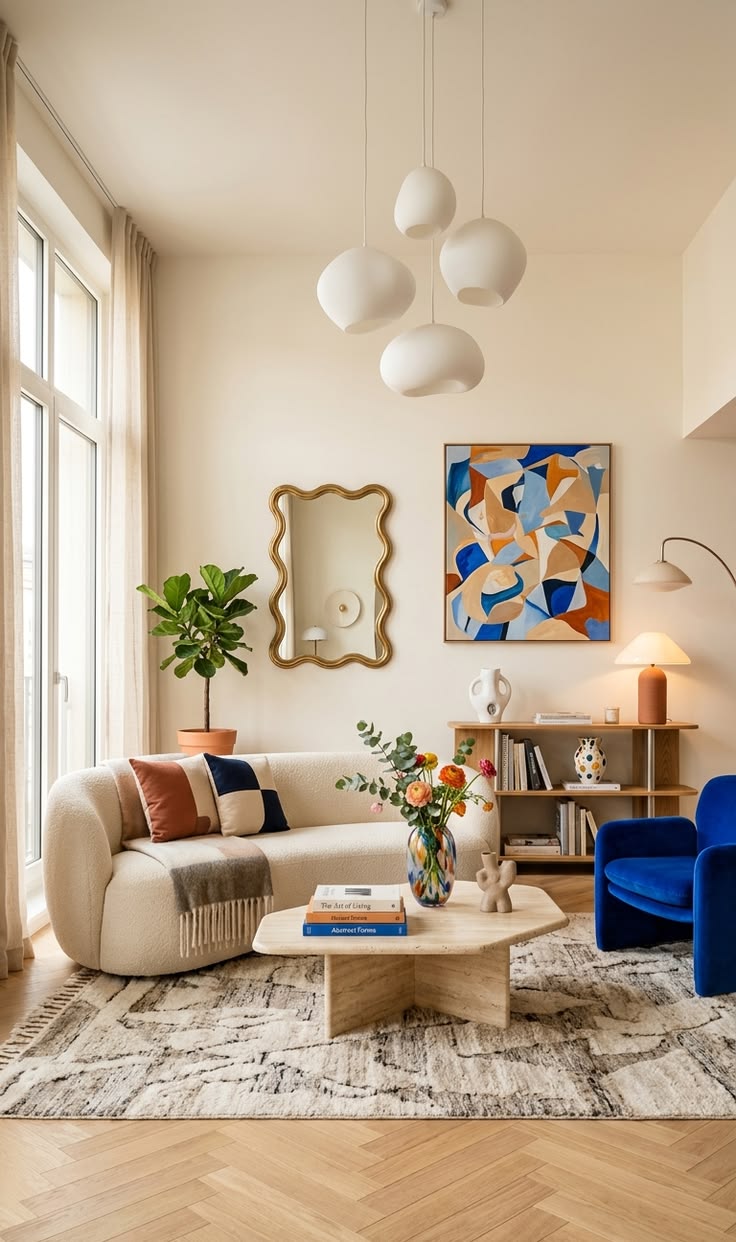 A sun-lit rental living room with a freshly papered accent wall in soft green, a linen sofa against it, and afternoon light casting long shadows across the floor