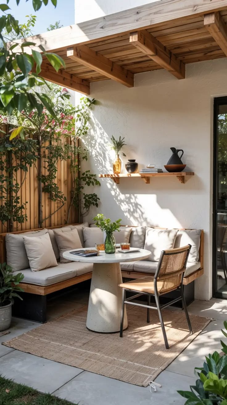 A narrow apartment balcony in soft morning light, a small bistro table set with two chairs, string lights draped along the railing, and a terracotta pot of herbs tucked into the corner