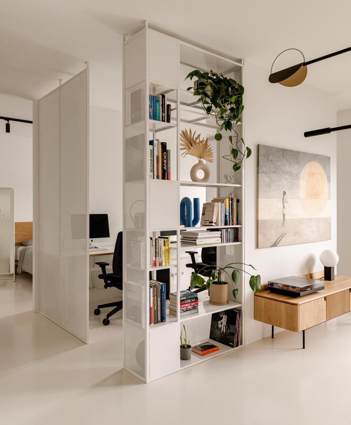 A sunlit corner of a small apartment with several potted plants arranged on a windowsill and a low wooden shelf, soft shadows falling across whitewashed walls