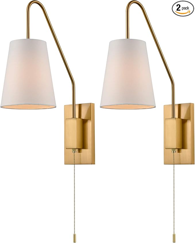 Modern Brass Plug-in Wall Sconces Set of Two Fabric Shade