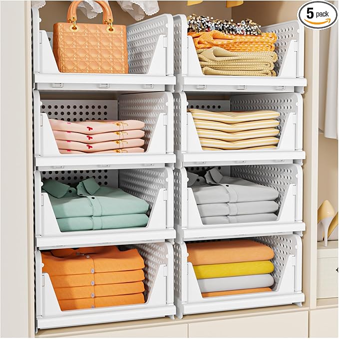 SNSLXH 5 Pack Stackable Closet Storage Basket