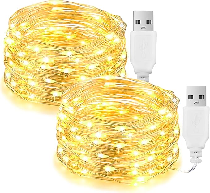 USB Warm String Lights, 33ft, 2-Pack