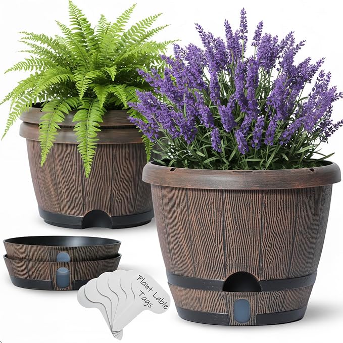 Sun-E 10 Inch Whiskey Barrel Self Watering Planters 3Pack- Brown